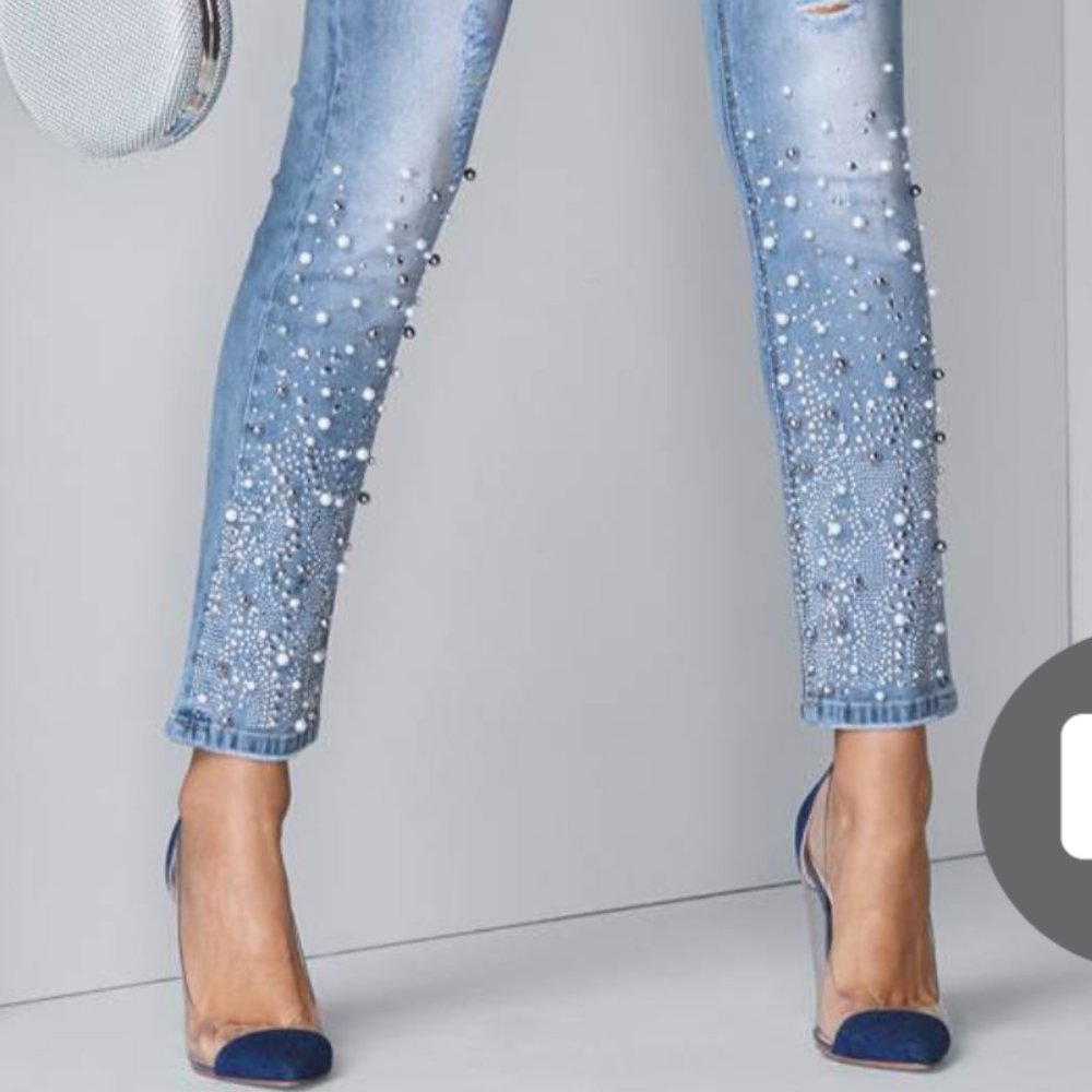 Venus Exquisitely Embellished & Distressed PEARL Skinny Jeans Plus Size 22W